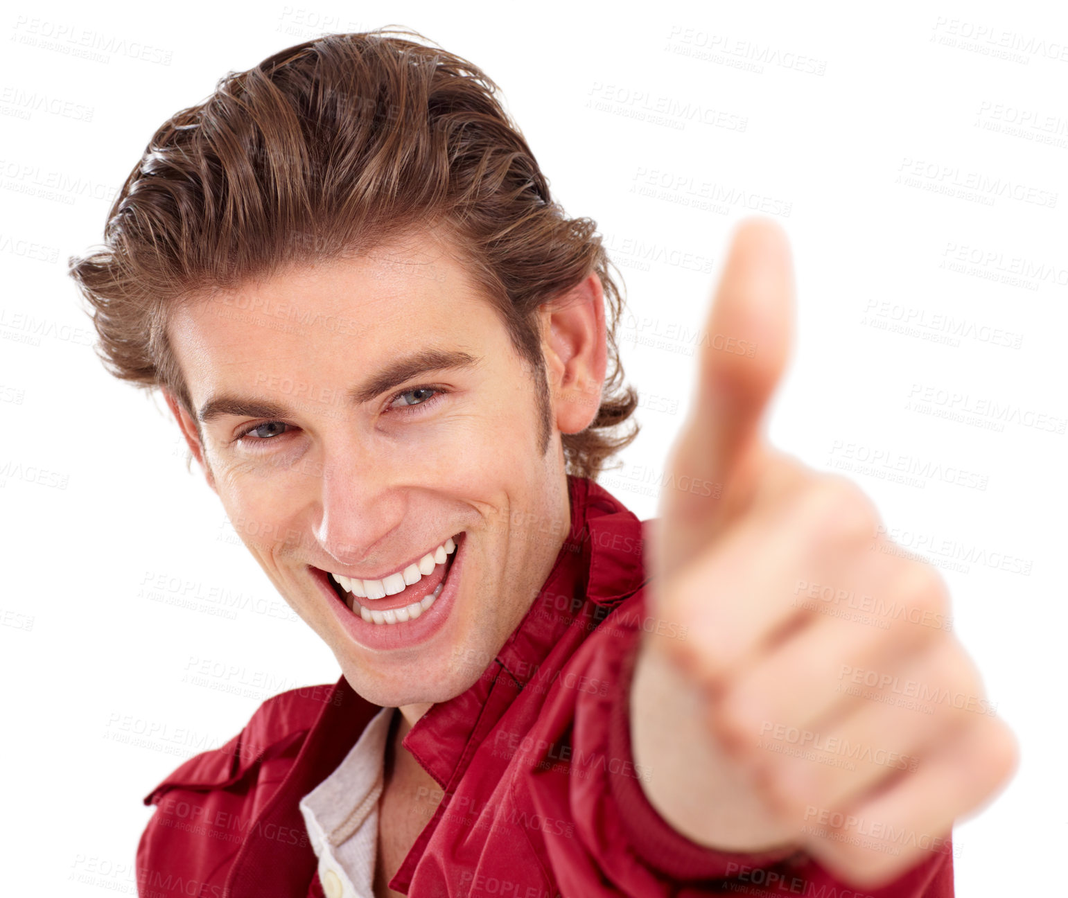 Buy stock photo Man with smile in portrait, thumbs up and hand gesture, emoji and positive vote isolated on white background. Happy young male, thank you and yes with positivity, support and like sign in studio