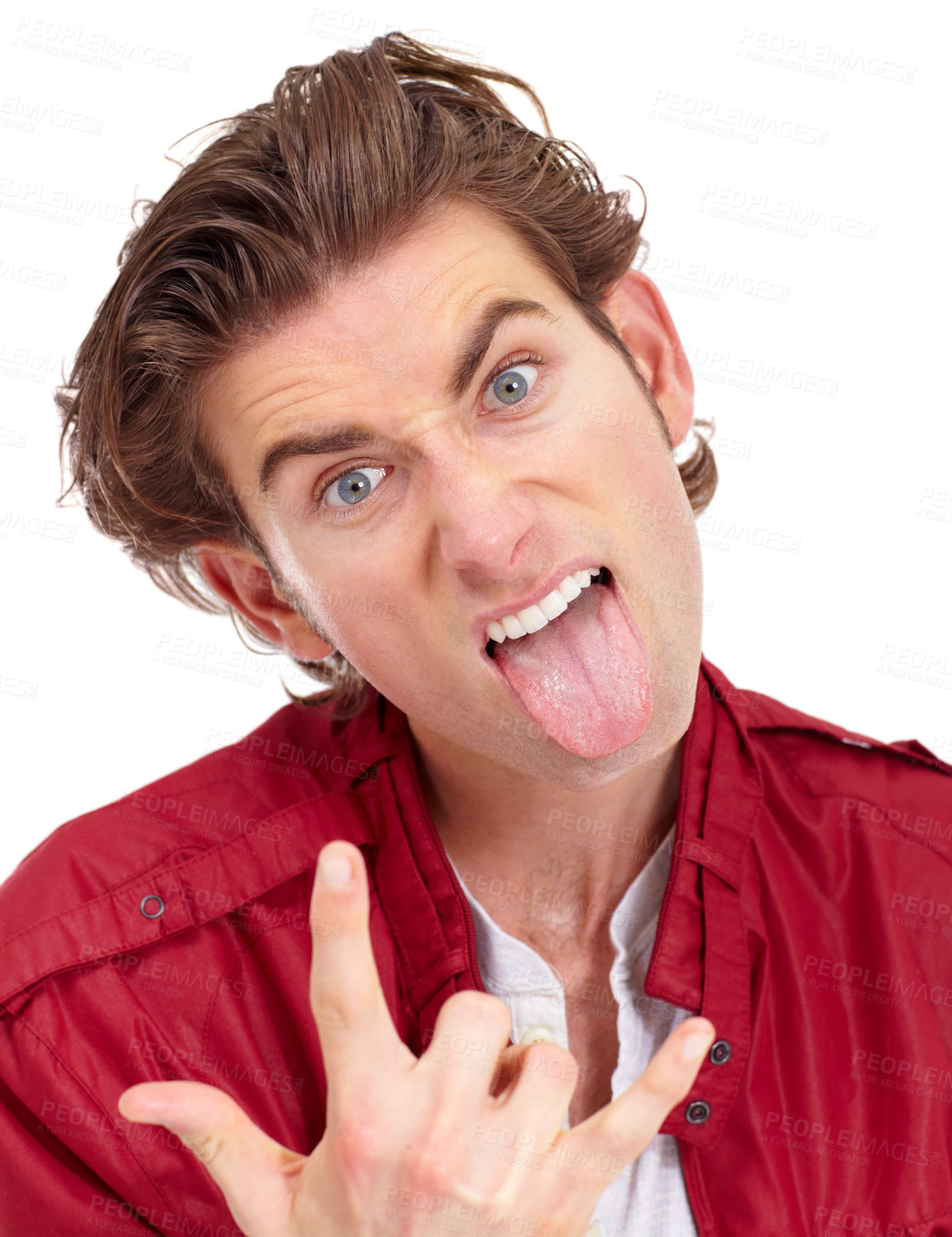 Buy stock photo Man in portrait with tongue out, rock hand gesture and facial expression isolated on white background. Punk, rocker and emoji with crazy face in studio, male model with energy and devil horn symbol