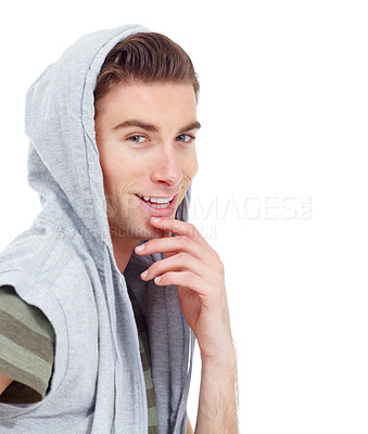 Buy stock photo Portrait, smile and fashion with a young man in studio isolated on a transparent background for streetwear. Face, happy and hoodie with a person in a sweater for trendy style or casual clothing