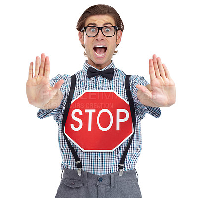 Buy stock photo Portrait of a frantic-looking man holding out two hands warning you to stop