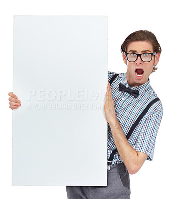 Buy stock photo Portrait, wow and mockup poster with a man in studio isolated on a white background for advertising. Surprise, announcement and space with a shocked or funny male nerd holding a placard for branding