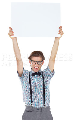 Buy stock photo Portrait of an excited young man holding up a white sign