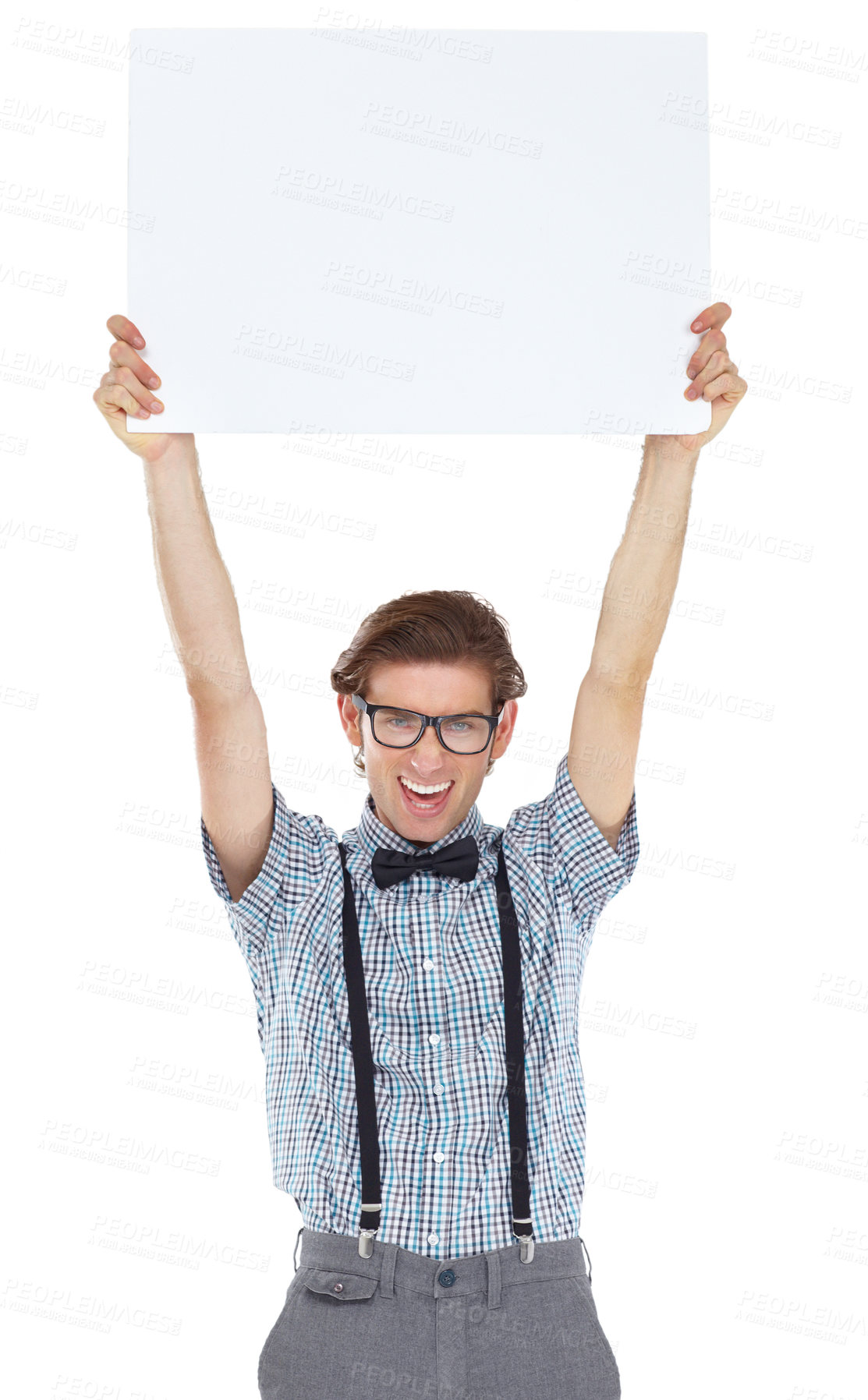 Buy stock photo Portrait of an excited young man holding up a white sign
