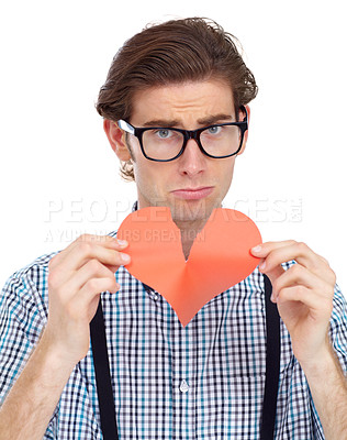 Buy stock photo Heartbreak, sad and portrait with a man in studio isolated on a white background on valentines day. Heart broken, breakup and lonely with a male nerd on black space feeling emotional regret or sorrow
