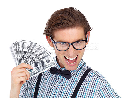Buy stock photo Money, nerd portrait and excited man with dollars in studio isolated on a white background. Geek, funny and male person with cash after lottery, winning or bonus, cashback and financial freedom.