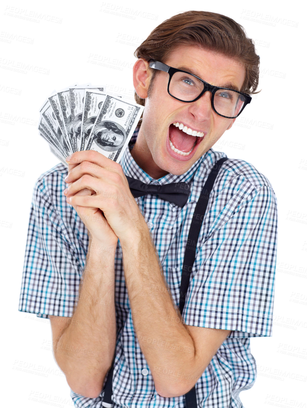 Buy stock photo Shouting, money and excited man with dollars in studio isolated on white background. Winner, scream and funny person with cash from lottery, competition or bonus prize, cashback or financial freedom.