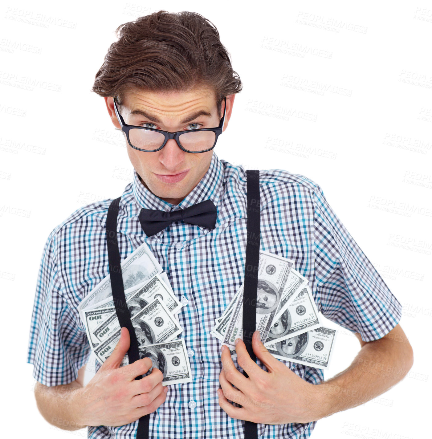 Buy stock photo Shot of a young man showing off his money