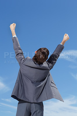 Buy stock photo Celebrate, business man and fist in air with happiness and success feeling excited from promotion. Outdoor, businessman and corporate worker with celebration from target achievement and goals