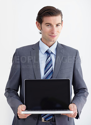 Buy stock photo Laptop screen, mockup and portrait of business man in studio for website, email and administration. Happy, smile and technology with employee on white background for corporate, internet or networking