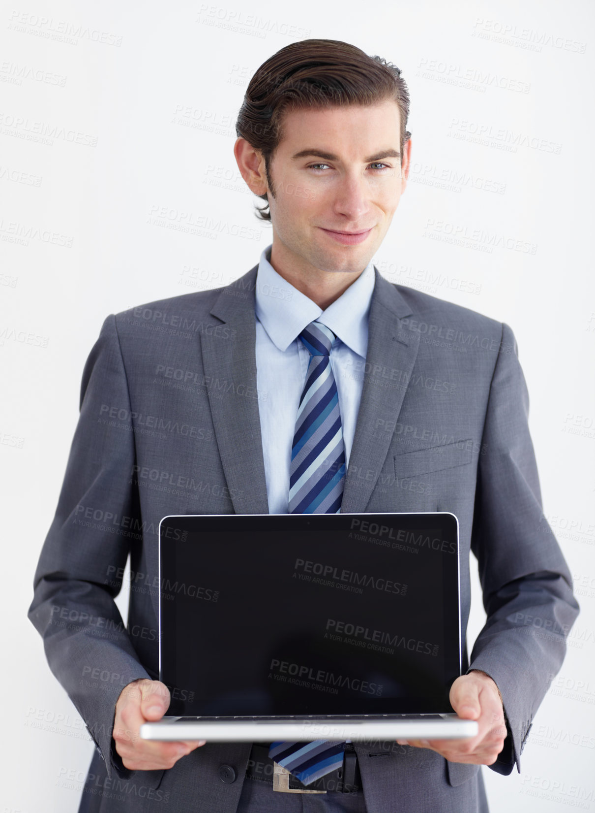 Buy stock photo Laptop screen, mockup and portrait of business man in studio for website, email and administration. Happy, smile and technology with employee on white background for corporate, internet or networking