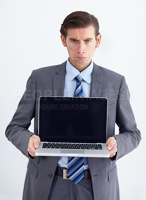Buy stock photo Blank screen, laptop and portrait of a upset business man with 404 and internet problem. Isolated, white background and studio with a male businessman with computer issue and technology error