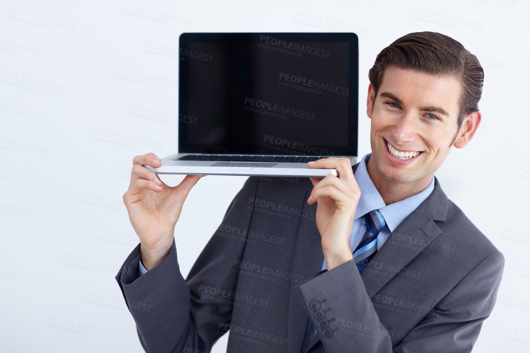 Buy stock photo Laptop, mockup and happy business man portrait holding screen space on studio white background. Smile, display and face of male person with computer copy space for advertising, marketing or branding 