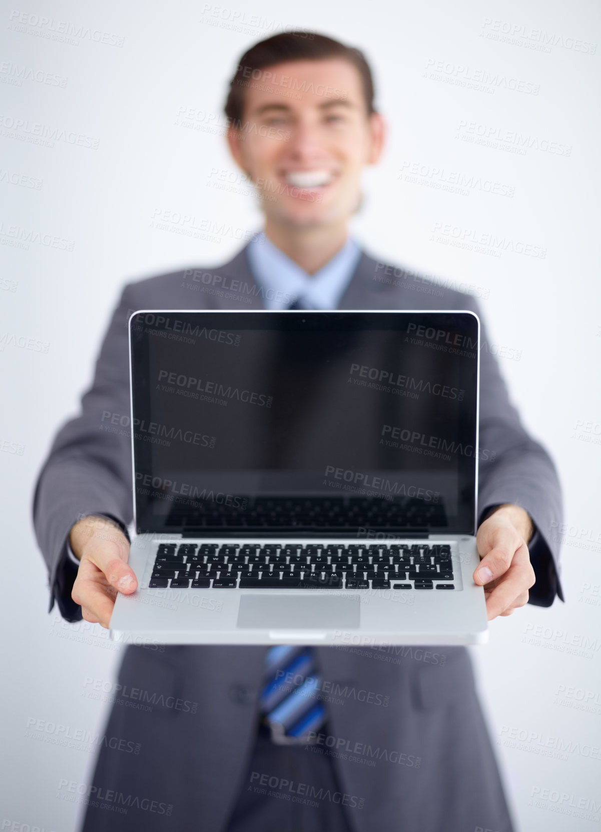 Buy stock photo Laptop screen, mockup and business man in studio for website, email and administration. Happy, smile and technology with male employee in white background for corporate, internet and networking