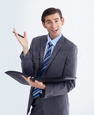 Buy stock photo Business man, folder and studio portrait with excited face, hand gesture or white background. Isolated businessman, pen and plan for startup, schedule or project notes with happiness by backdrop
