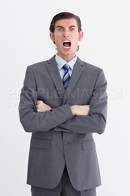 Buy stock photo Anger, shout and portrait of business man on white background with upset, shouting and angry expression. Manager, professional and male worker with stress, frustrated and crossed arms in studio