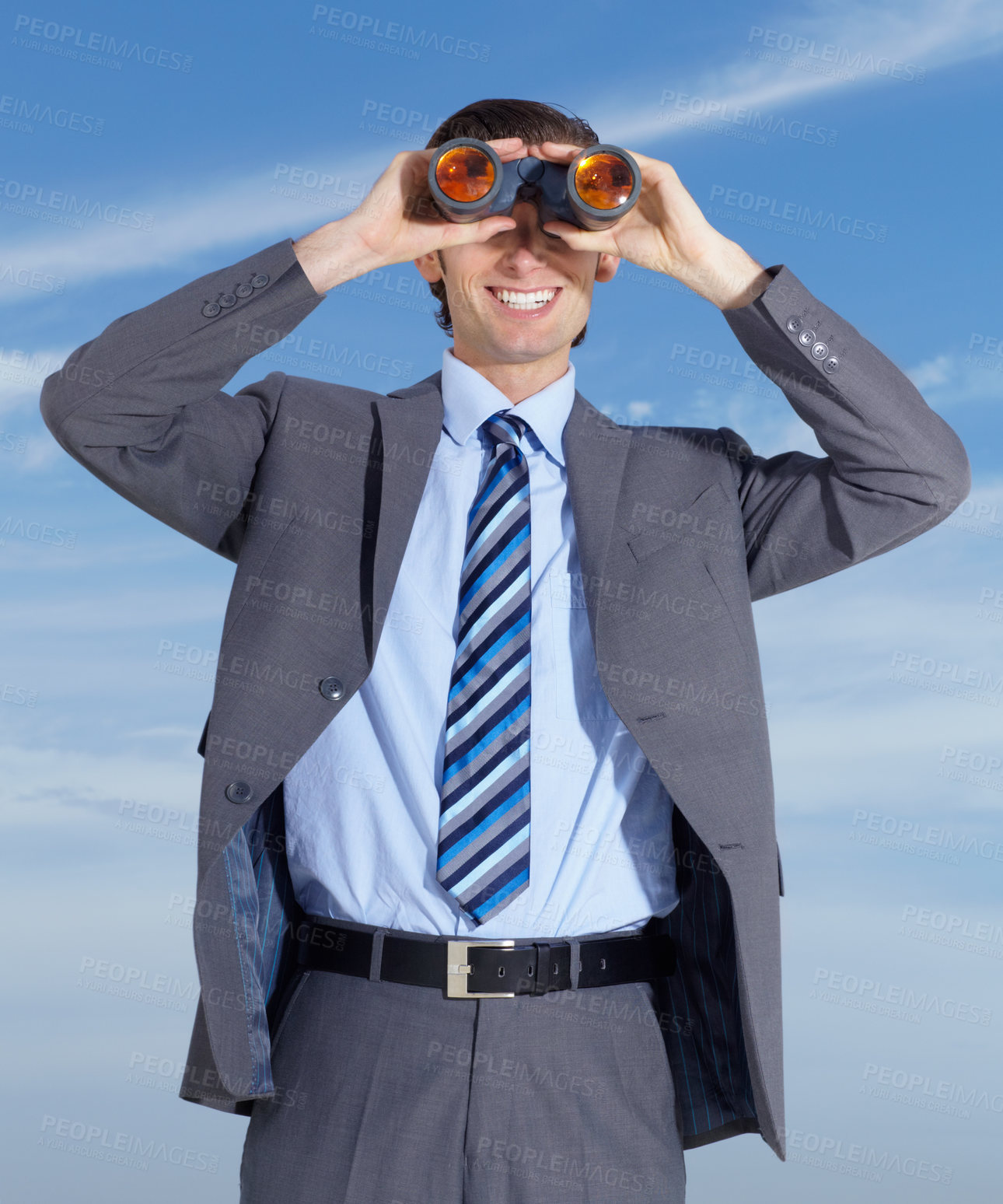Buy stock photo Binoculars, opportunity and search for business man with blue sky, smile and investigation. Executive, job and searching for outdoor businessman with investigate gear and future vision ready for work