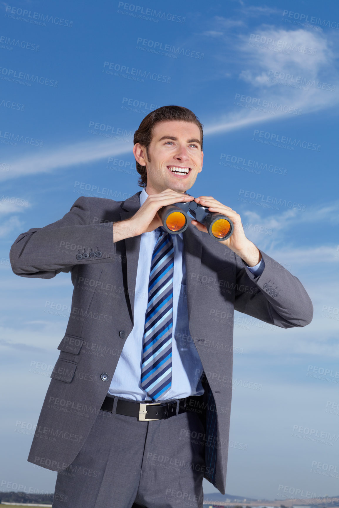 Buy stock photo Binoculars, happy and search for business man outdoor with happiness, smile and investigation. Future, searching and businessman in nature with investigate gear and opportunity vision ready for work