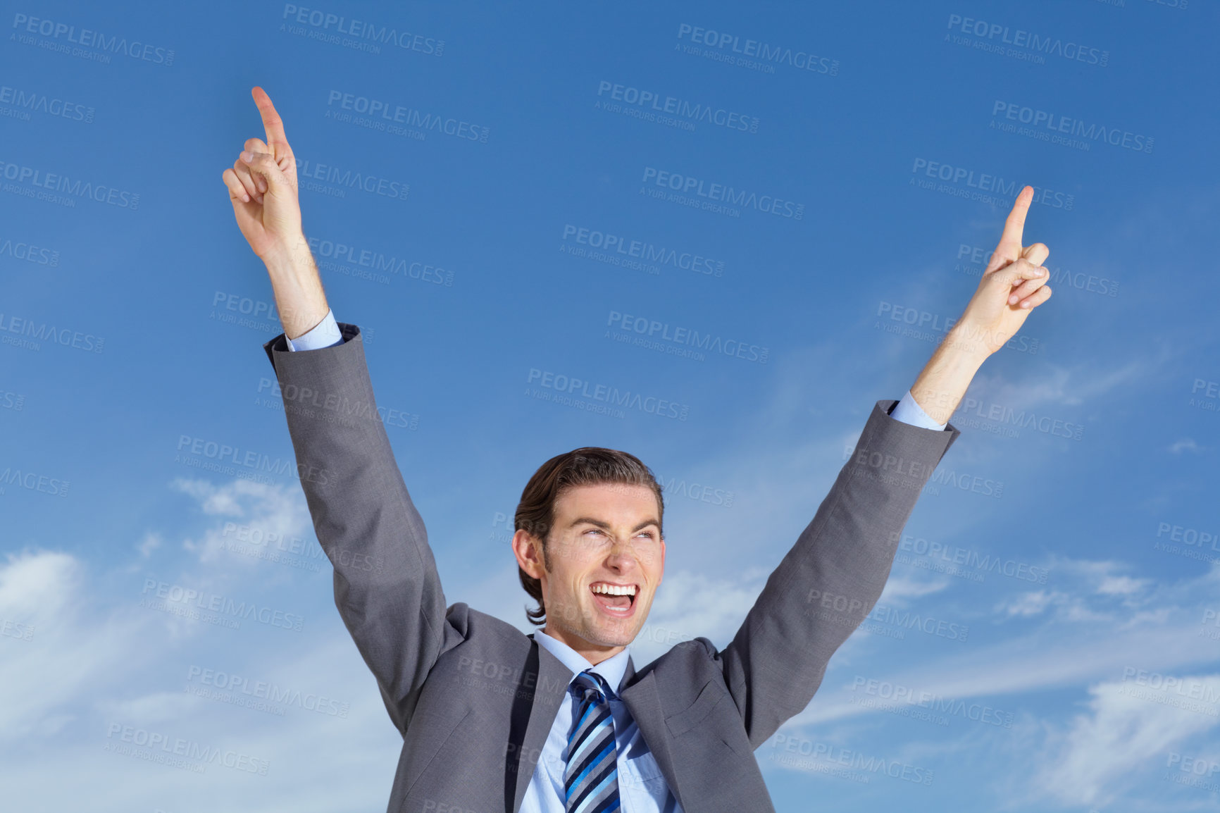 Buy stock photo Celebrate, happy business man and blue sky with happiness and success feeling excited from promotion. Outdoor, businessman and worker with smile from target achievement and goals with celebration