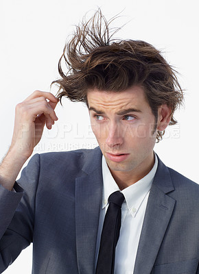 Buy stock photo Chaos, crazy hair and business man with doubt and confused from stress and anxiety. Studio, male professional and working with corporate job and thinking with wild hairstyle and white background