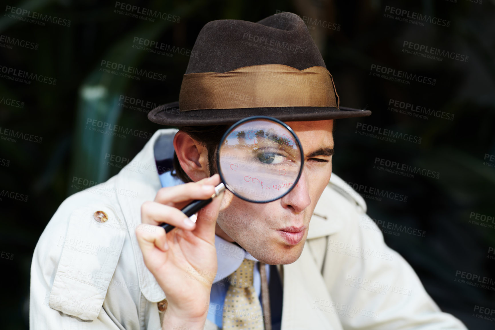 Buy stock photo Private investigator, eye in magnifying glass and portrait of man for detective, searching and looking. Spy, investigation and male person with magnifier for secrets, information and mystery clue