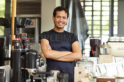 Buy stock photo Coffee shop, barista and portrait of a man as small business, restaurant or startup owner with pride. Smile of a happy entrepreneur man working as a waiter or manager in a cafeteria, cafe or store