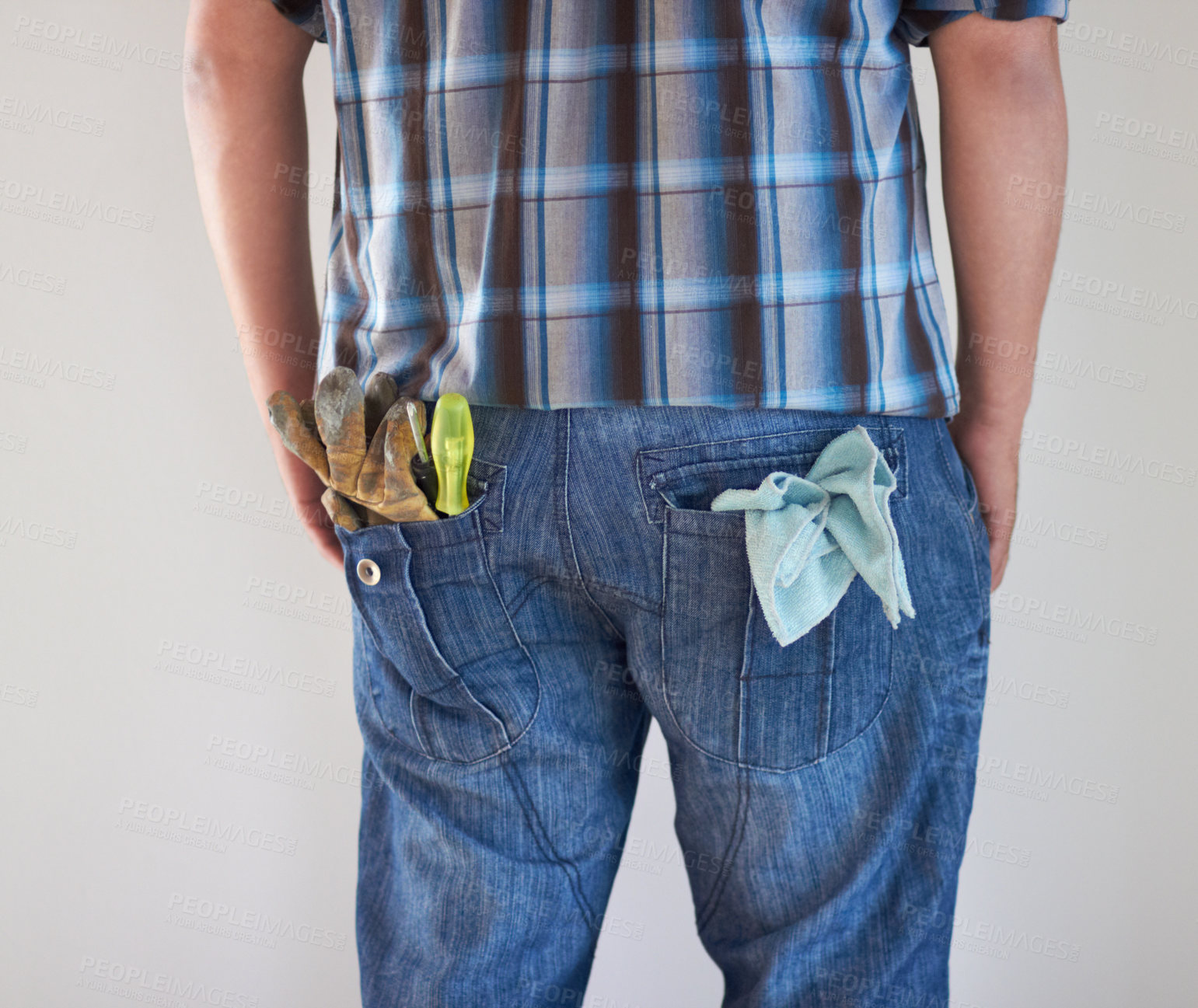 Buy stock photo Handyman, contractor and back of builder jeans with tools, gloves and house work. Construction worker, carpenter person or building maintenance man ready for professional and home repair project