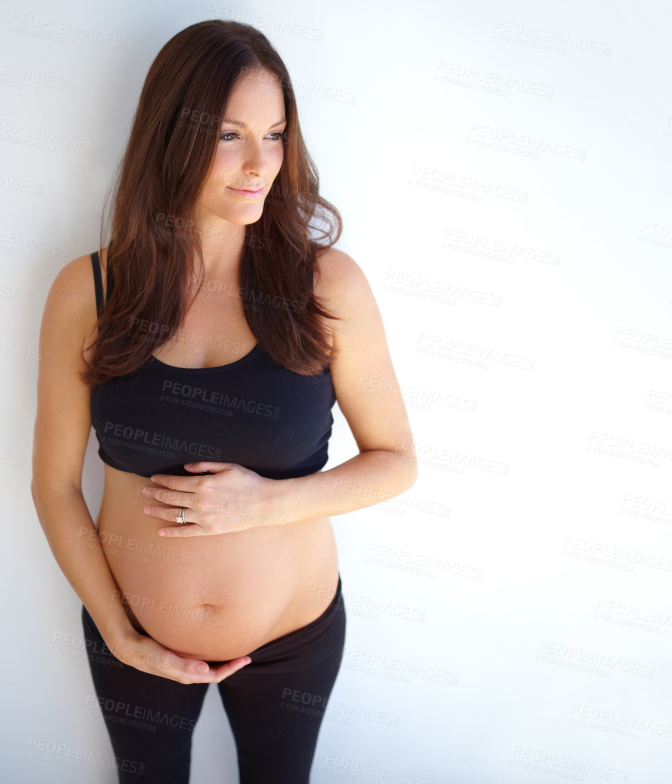 Buy stock photo Thinking, pregnant and woman touching her stomach, future and health with wellness, nurture and growth. Female person, mother and girl with pregnancy, belly and ideas with happiness and development