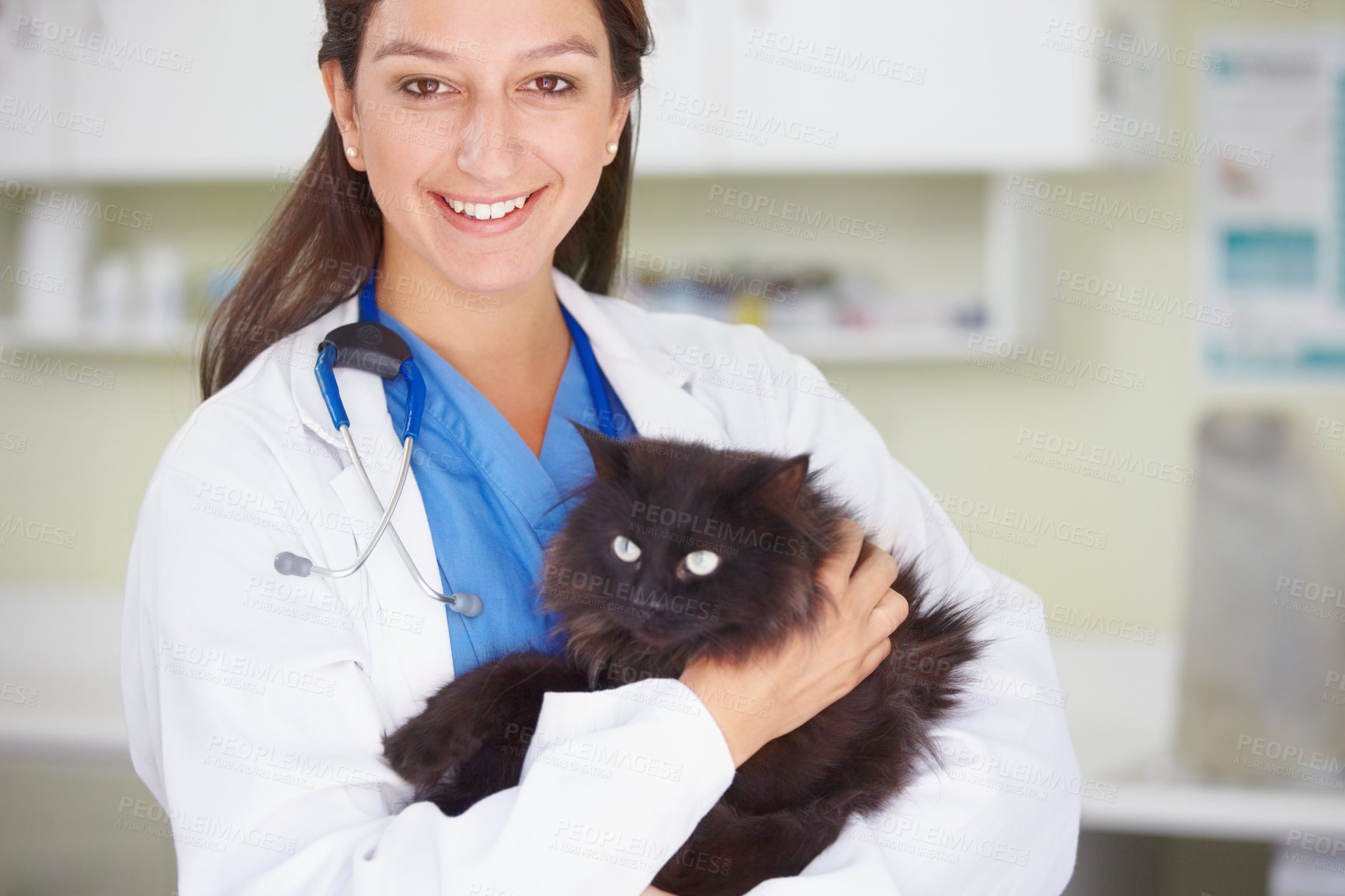Buy stock photo Vet portrait, cat and woman happiness for medical help, wellness healing services or healthcare support. Animal care kindness, veterinary job experience or hospital veterinarian smile with feline