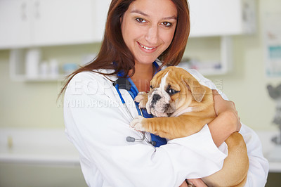 Buy stock photo Woman vet, dog and clinic portrait with smile, care and love for health, wellness or growth. Female veterinarian, doctor and puppy with hug, happiness and healthcare in hospital for medical attention