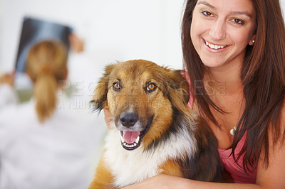 Buy stock photo Veterinary portrait, dog and happy woman, owner or client for medical help, healing services or animal nursing, support or healthcare. Patient, vet and smile for pet canine consultation, test or exam