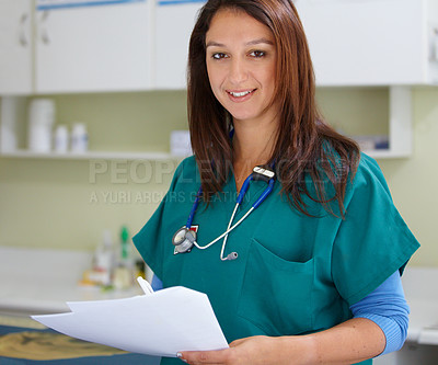 Buy stock photo Veterinary portrait, clinic paperwork and happy woman with test results, assessment notes or healthcare documents. Pet healing services, happiness and hospital veterinarian smile for vet feedback