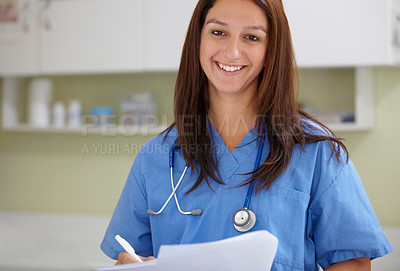 Buy stock photo Surgeon portrait, clinic documents or happy woman with test results, assessment note or medical healthcare nursing info. Wellness service, job experience or doctor smile for hospital feedback support