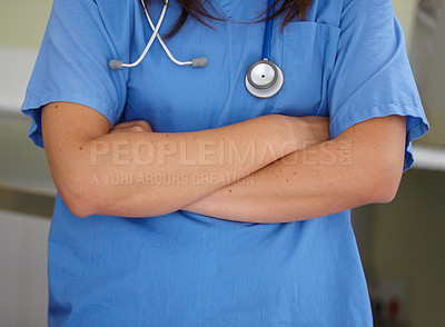 Buy stock photo Woman, doctor and arms crossed of professional veterinarian for healthcare or domestic animal service. Closeup of female person, nurse or medical surgeon in confidence at pet shelter, clinic or vet