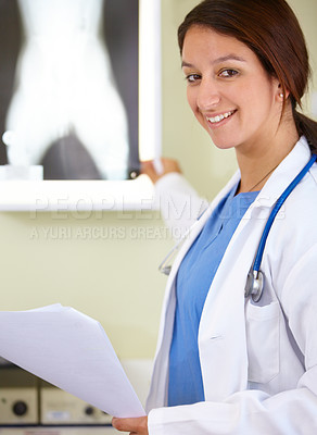 Buy stock photo Happy woman, portrait and veterinarian with xray of animal for examination, tests or diagnosis on injury at vet. Female person, doctor or medical pet professional in CT scan or MRI for clinic checkup