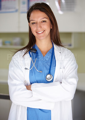Buy stock photo Happy woman, portrait and veterinarian professional doctor at clinic for animal care, shelter or healthcare service. Female person, nurse or pet surgeon smile with arms crossed in confidence at vet