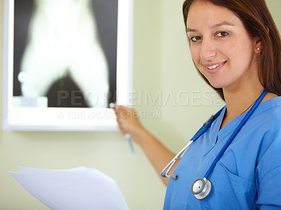 Buy stock photo Happy woman, portrait and veterinarian doctor with xray of animal for examination, tests or diagnosis on injury at vet. Female person, nurse or medical pet professional with CT scan or MRI at clinic
