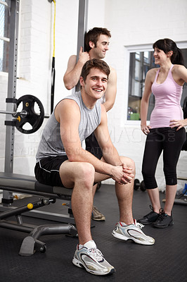 Buy stock photo Gym, group and man with portrait, smile and fitness with happiness, workout routine and training. People, athlete and motivation with conversation, exercise and joy with progress, chatting and relax