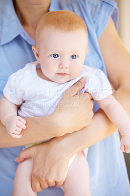 Buy stock photo Parents hands, baby or home family support, safety and carry newborn child growth, youth care or maternity. Security, relax and person holding, hug or embrace toddler for bonding, nurture or love