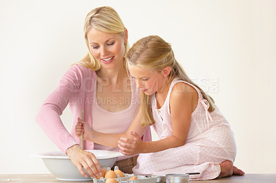 Buy stock photo Eggs, baking and happy mom, child or family make dessert, food or prepare recipe, wheat flour or ingredients. Kitchen, bowl and young kid girl learning home cooking together for Mothers Day bonding