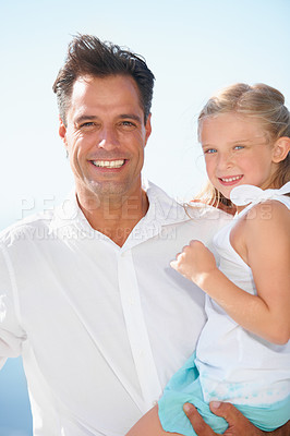 Buy stock photo Father, daughter and portrait with happy outdoor for relax, peace and love with bonding and relationship in summer. Family, man and girl child with smile in nature for care, break and enjoyment