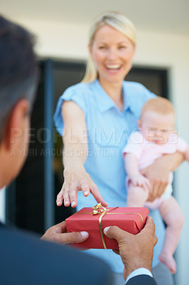 Buy stock photo Husband, wife and gift box for surprise, smile and happiness with baby, love and appreciation. Present, romance and good news for marriage, relationship and announcement with romantic partner

