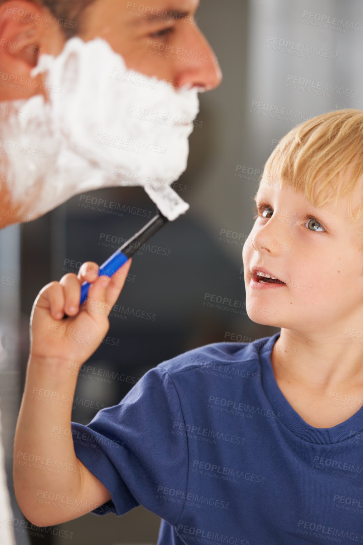 Buy stock photo Shaving, father and son with cream, razor and smile on face, bonding in home and morning routine. Helping, learning and dad with happy child in bathroom for shave, clean fun and grooming together.