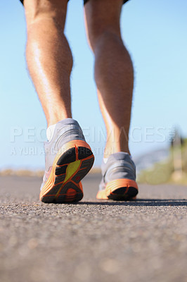 Buy stock photo Man, shoes and legs running on road for fitness, workout or outdoor exercise on asphalt. Closeup of male person or athlete on street with sneakers for run, cardio or floor grip in health and wellness