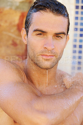 Buy stock photo Closeup of a handsome topless young man