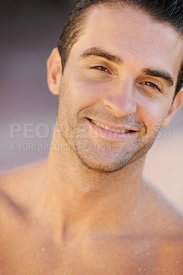 Buy stock photo Man, portrait or beach athlete in water swimming, surfing or sports in Brazilian nature or relax summer break. Happy face, body or wet person shirtless in training workout, exercise or surfer fitness