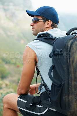 Buy stock photo Fitness, rest and thinking of nature hiking with backpack for workout, training or exercise in relax freedom break. View, man or planning mountains hike for health, wellness and summer Brazil sports