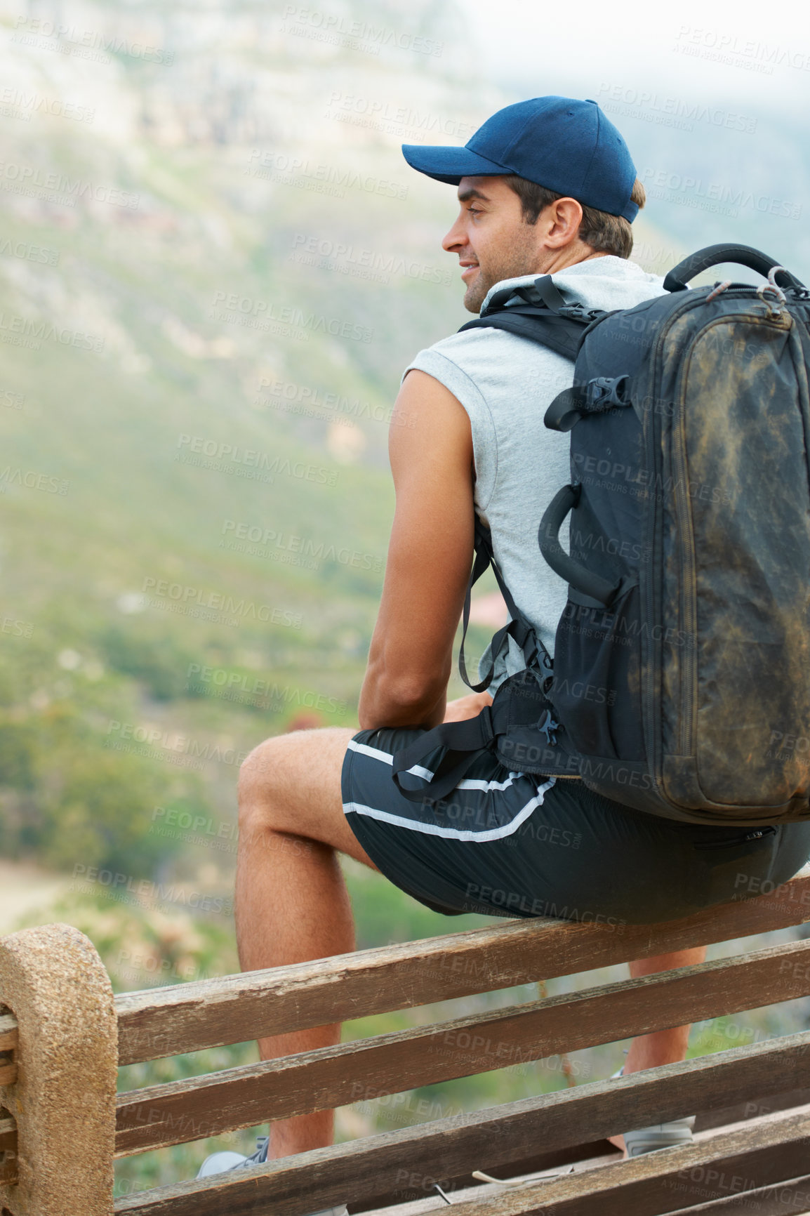 Buy stock photo Fitness, happy man and rest of nature hiking with backpack for workout, training and exercise view. Hiker, person and smile on relax mountains for health, wellness and sports for Brazil summer break