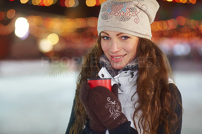 Buy stock photo Portrait, winter and woman with a coffee, smile and relax with cold, warmth and chilling. Face, female person and happy model with tea, blurry background and happiness with  cappuccino and joyful