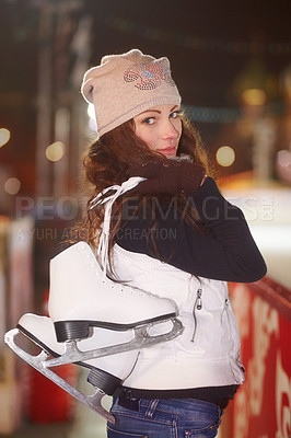 Buy stock photo Portrait, smile and woman with ice skate, winter and happiness with fitness, training and sports. Face, female person and girl with fun shoes for skating rink, practice and playful with joy and relax
