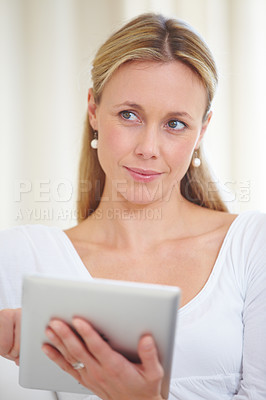 Buy stock photo Mature woman, tablet and thinking in home, serious face and living room couch. Social media, technology and communication for scrolling, vision and idea with connection, streaming and contemplating
